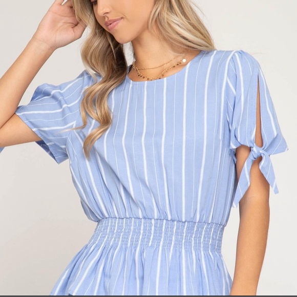She + Sky Blue and White Striped Cold Shoulder Blouse - Picture 2 of 8